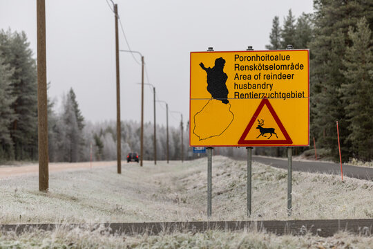 Lampivaara, Finland A road sign in several languages warns about area of reindeer husbandry ahead.