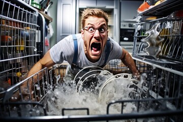 Fun crazy man making household chores and using a dishwasher, putting and clean dirty dishes. - obrazy, fototapety, plakaty