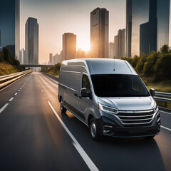 Delivery van on the highway, with urban background 