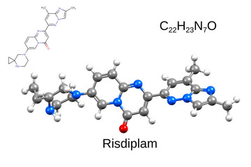 Chemical formula, structural formula and 3D ball-and-stick model of risdiplam, a medication used to treat spinal muscular atrophy