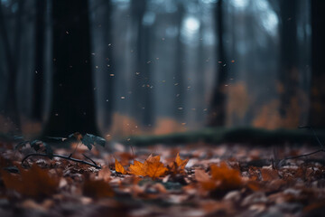 Hojas marrones de otoño en el suelo del bosque con insectos volando. - obrazy, fototapety, plakaty