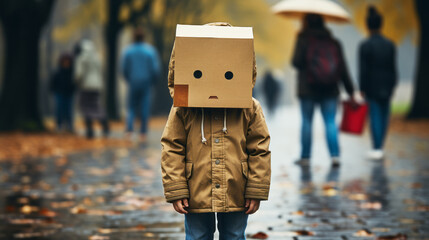 Imagen de un niño triste en la calle con una caja de cartón en la cabeza.