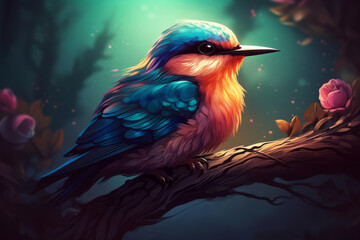 Ilustración de pájaro tropical de colores con ambiente de cuento mágico en el bosque. - obrazy, fototapety, plakaty