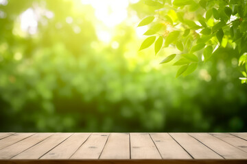 Imagen de fondo de plantas con mesa de madera con destellos de luz. - obrazy, fototapety, plakaty