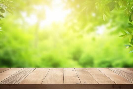 Imagen de fondo de plantas con mesa de madera con destellos de luz.