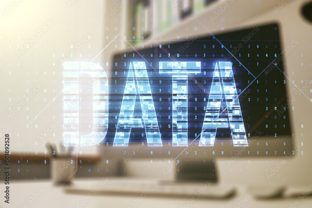 Poster creative data word hologram and modern desk with computer on background, big data and blockchain con