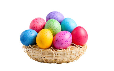 Fototapeta na wymiar Transparent painted Easter eggs in a straw basket.