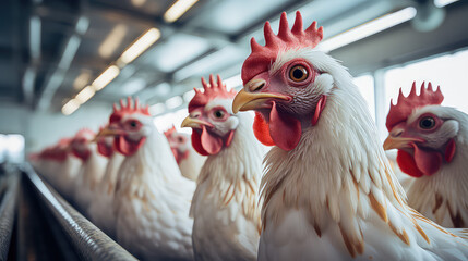 Chicken factory line. Lots of factory chickens, chicken meat and eggs, food farming industry. - obrazy, fototapety, plakaty