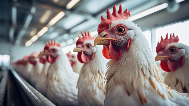 Chicken factory line. Lots of factory chickens, chicken meat and eggs, food farming industry.