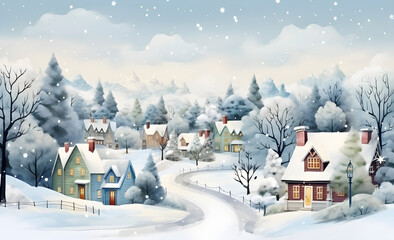 Winter Wonderland, Enchanting Watercolor Illustration of a Charming Snow-Covered Town
