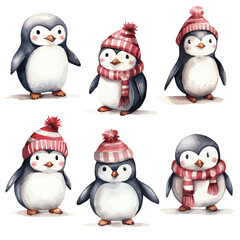 set of penguins in winter christmas with  Cherry Red and Soft Beige watercolor vectors