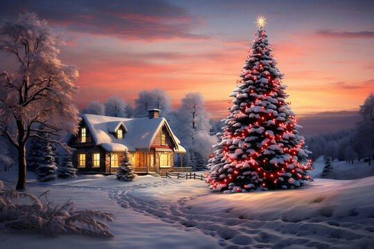 Winter Wonderland, A Festive Christmas Tree Shines Amidst Snowy Splendor