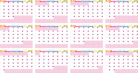 Calendario 2024 en ingles Rosa. Diseño vectorial calendario 2024 en Inglés 12 hojas. Tamaño A4 - obrazy, fototapety, plakaty
