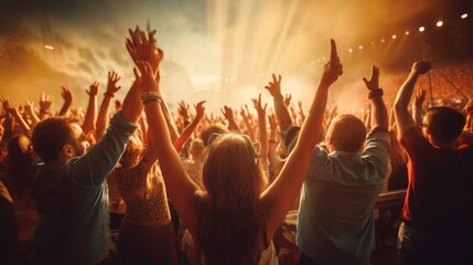 Happy people dancing in front of the stage, music festival. - obrazy, fototapety, plakaty