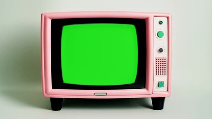 vintage pink analog television tv set with static noise distortions and green screen placeholder - Powered by Adobe