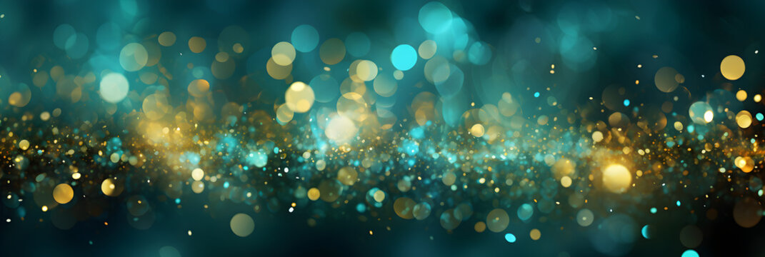 Sparkling Festivities, Teal Green and Gold Abstract Glitter Bokeh Background