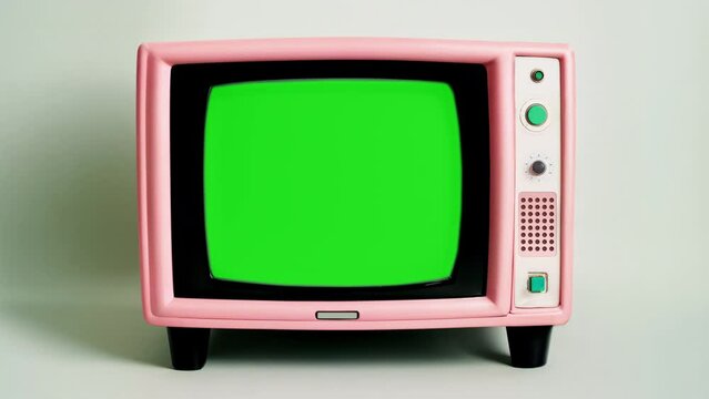 vintage pink analog television tv set with static noise distortions and green screen placeholder