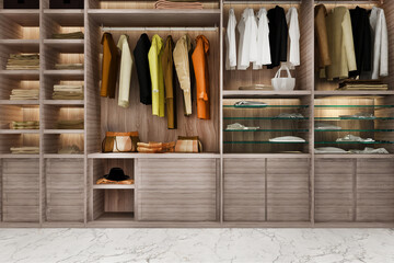 3d rendering minimal scandinavian wood walk in closet with wardrobe