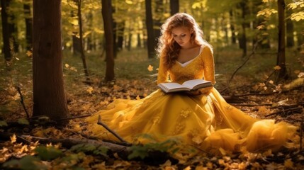 Fototapeta premium Beautiful woman in a yellow dress reading in the autumn forest.