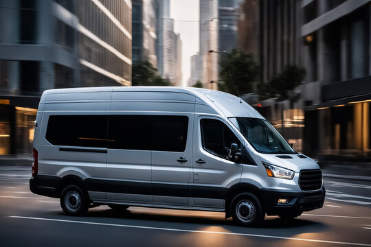 Delivery van on the road with motion blur background. Transportation concept.