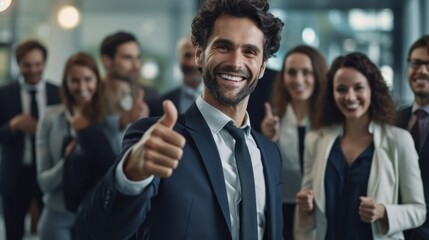 Businessman showing thumbs up sign in front of business team.