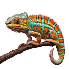 Full body chameleon on a branch, isolated on white background - obrazy, fototapety, plakaty