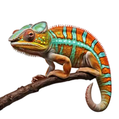 Fotobehang Full body chameleon on a branch, isolated on white background © Luckyphotos