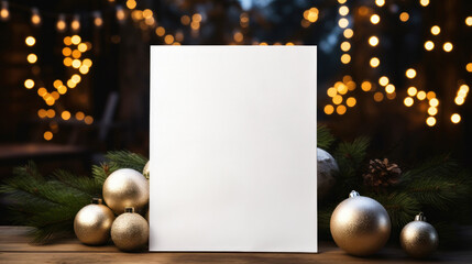 Christmas mockup white card template background with xmas festive seasonal decoration ornaments Generative AI Illustration