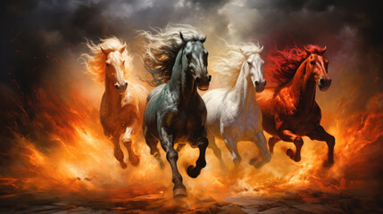 The four horses of the Apocalypse Revelation white red black and yellow Bible Revelation Generative AI Illustration