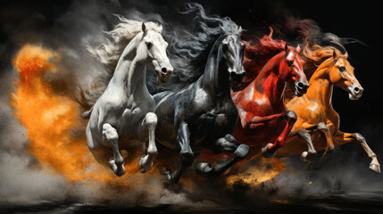 The four horses of the Apocalypse Revelation white red black and yellow Bible Revelation Generative AI Illustration