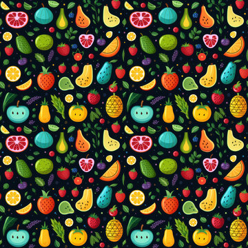 Fruits and vegetables wallpaper seamless pattern on dark background