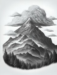 mountains, trees with clouds engraving style illustration