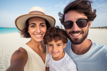 family with happy expression summer holidays and beach concept.
