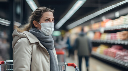 Woman in grocery store wearing a medical face mask. Shopping in epidemic season or flu outbreak. Blurred background, copy space. - obrazy, fototapety, plakaty