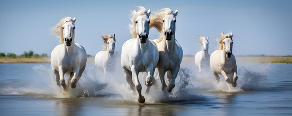 un groupe de chevaux sauvages courent dans l'eau en Camargue dans le sud de la France - obrazy, fototapety, plakaty