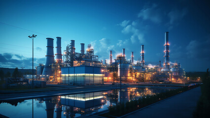 Panoramic view of gas turbine electrical power plant in twilight sky background, industry concept