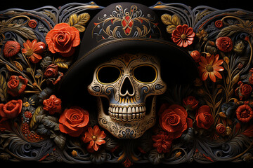 Fototapeta premium Generative AI picture day of the dead skull santa muerto pattern on a black background