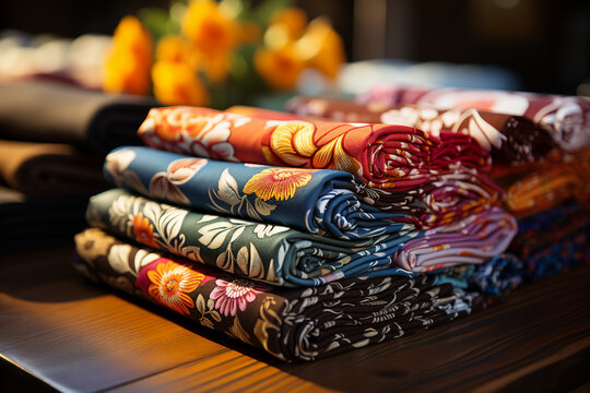 Generative AI picture of vibrant luxurious silk fabrics embroidered with colorful flower pattern latin ethnic clothing