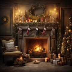Vintage, light Christmas fireplace, realism in the photo, beautiful atmosphere. Holiday.