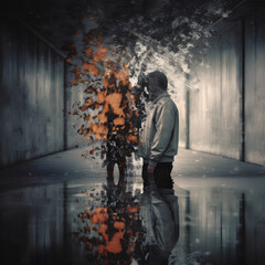 A man standing in dark empty area suffering from a severe depression/anxiety (graphic depiction of anxious thoughts swirling around him)