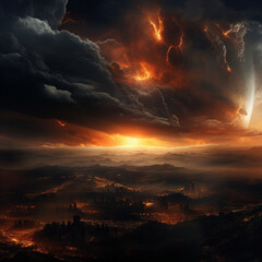 Apocalyptic skies cast fiery light over a sprawling cityscape, nestled between rugged terrains, under a menacing cloud cover.