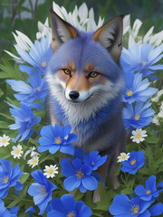 A very beautiful photo of blue fox with flower Generative AI