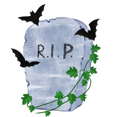 gravestone has Ivy with the letters R.I.P and a black bat for Halloween. - obrazy, fototapety, plakaty