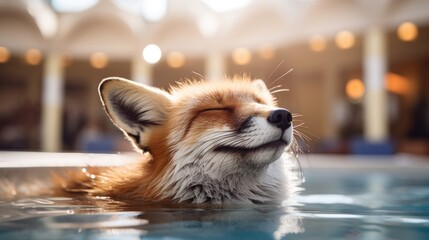 Fox in a swimming pool at the hotel.