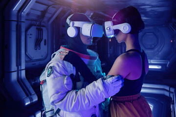 Male astronaut in spacesuit and woman wearing VR goggles while standing and looking at each other
