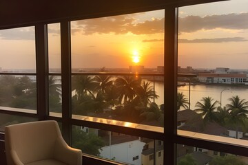 Sunset on the view of a hotel room - Cityscape at Sunset: Skyline Reflecting in Window with Ocean Horizon