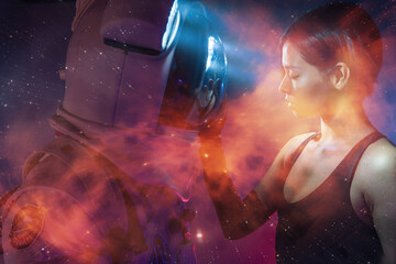 Astronaut couple with woman in casual clothes dressing man standing in helmet and spacesuit