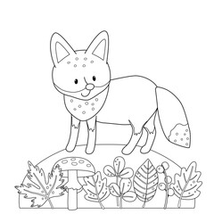 Cute kids coloring book with fox among forest plants. Simple black outline of wild animal.