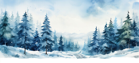 Fototapeta na wymiar Joyful Holiday Season, Winter Wonderland in Watercolor Forest