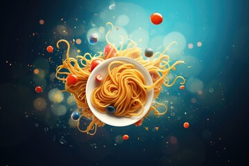Spaghetti in white plate with flying colorful spheres on dark blue background. Abstract background for National Noodle Ring Day.